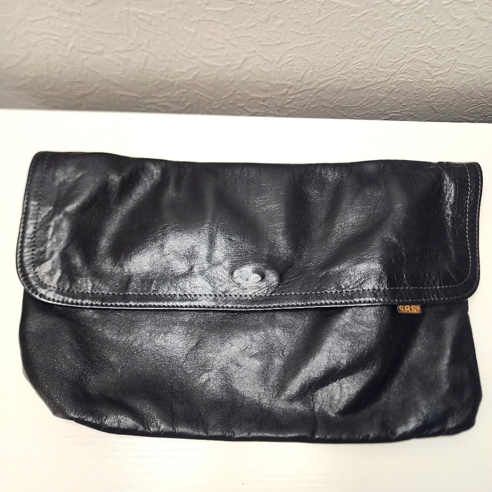 SAS Black Leather Clutch Zipper Pocket‎ Magnetic Closure Rectangle